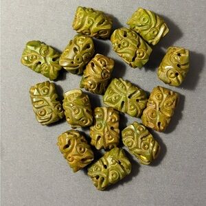 Vintage Bakelite Hand Carved Marbled Green Barrel Beads - 15pcs/Weight 50g